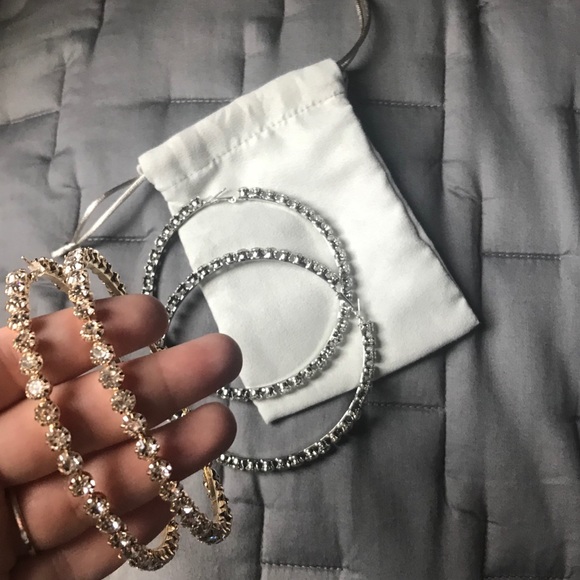 Large Gold Crystal Diamond Hoops - Picture 2 of 4